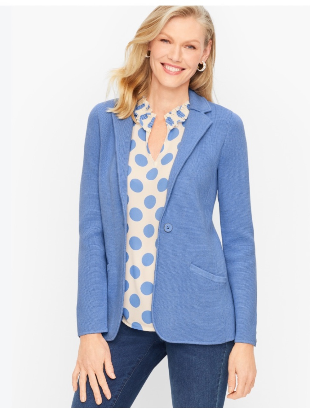 Talbots Notched Collar Sweater Single Breasted Knit Blazer Blue Large Petite